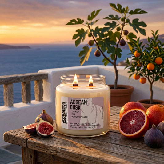 Luxury Soy & Beeswax Blend Candle - Double Crackling Wooden Wick - Aegean Dusk Appalachian Craftsman LLC