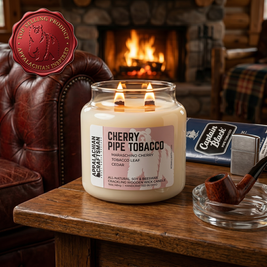 Cherry Pipe Tobacco Candle - Double Crackling Wooden Wick - Luxury Soy & Beeswax Blend