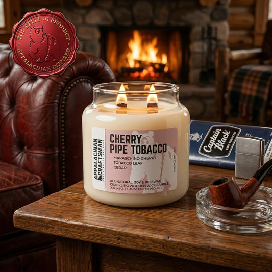 Luxury Soy & Beeswax Blend Candle - Double Crackling Wooden Wick - Cherry Pipe Tobacco Appalachian Craftsman LLC