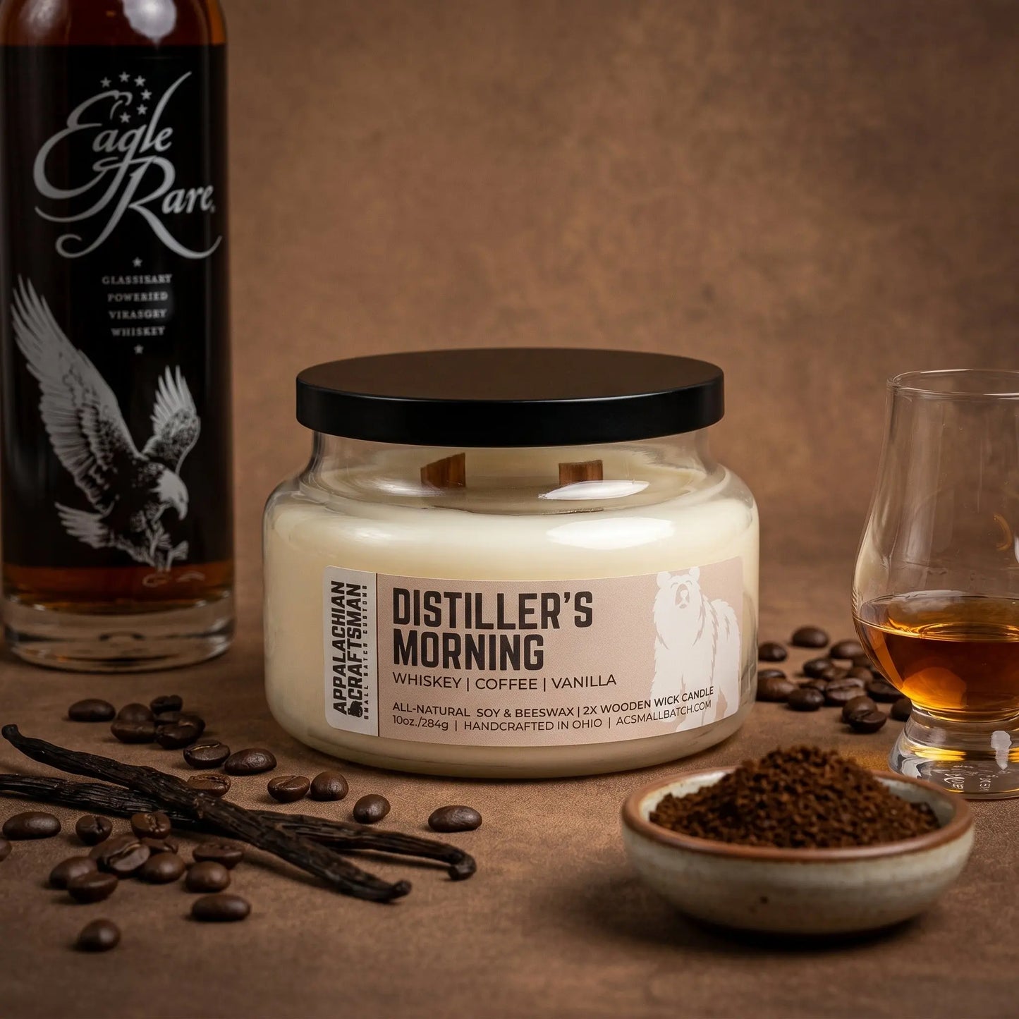 Luxury Soy & Beeswax Blend Candle - Double Crackling Wooden Wick - Distiller's Morning Appalachian Craftsman LLC