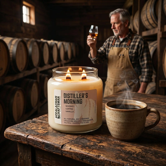 Luxury Soy & Beeswax Blend Candle - Double Crackling Wooden Wick - Distiller's Morning Appalachian Craftsman LLC