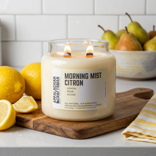 Luxury Soy & Beeswax Blend Candle - Double Crackling Wooden Wick - Morning Mist Citron Appalachian Craftsman LLC