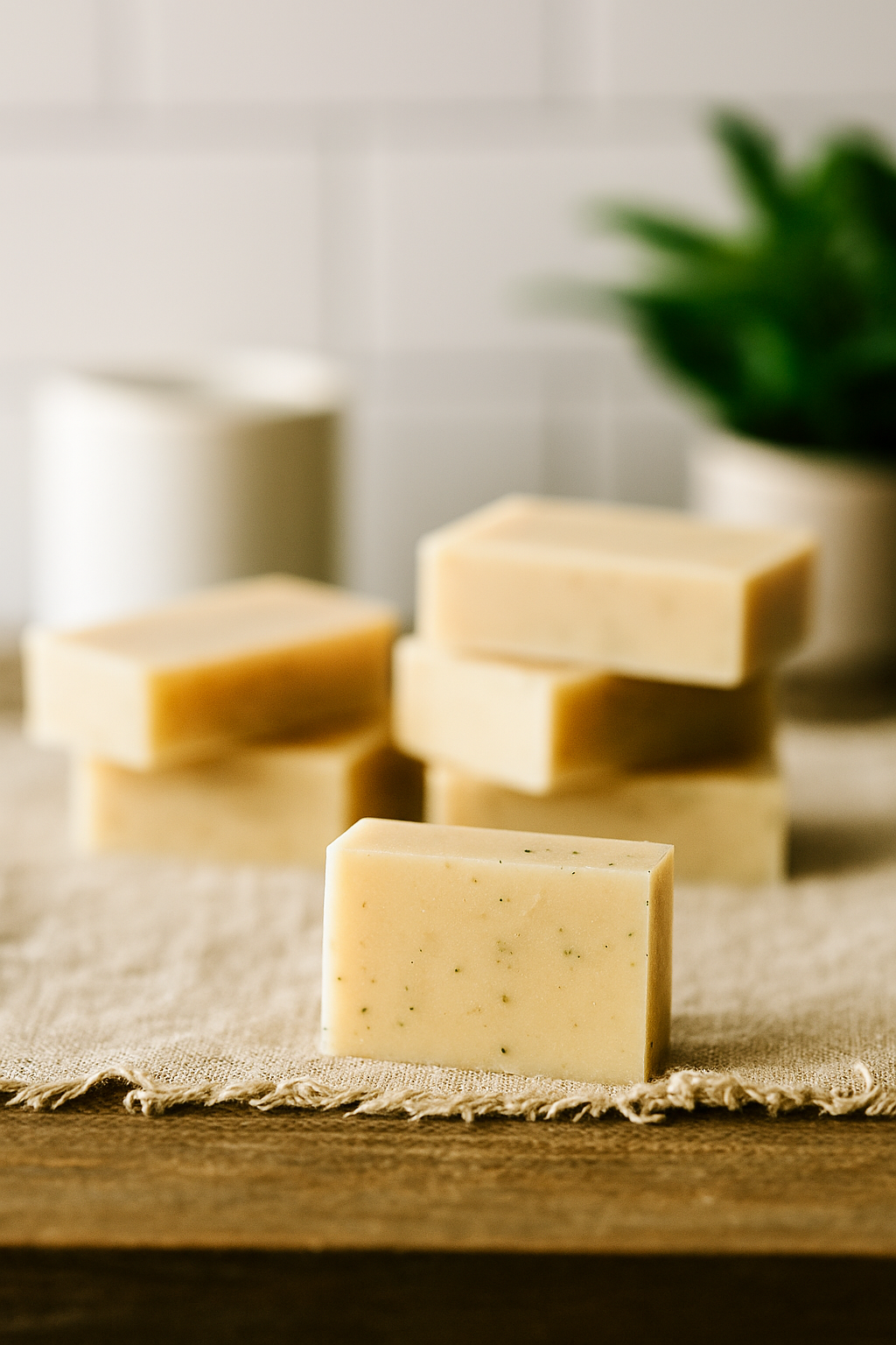 Bar of soap on a wooden surface with a blurred background
