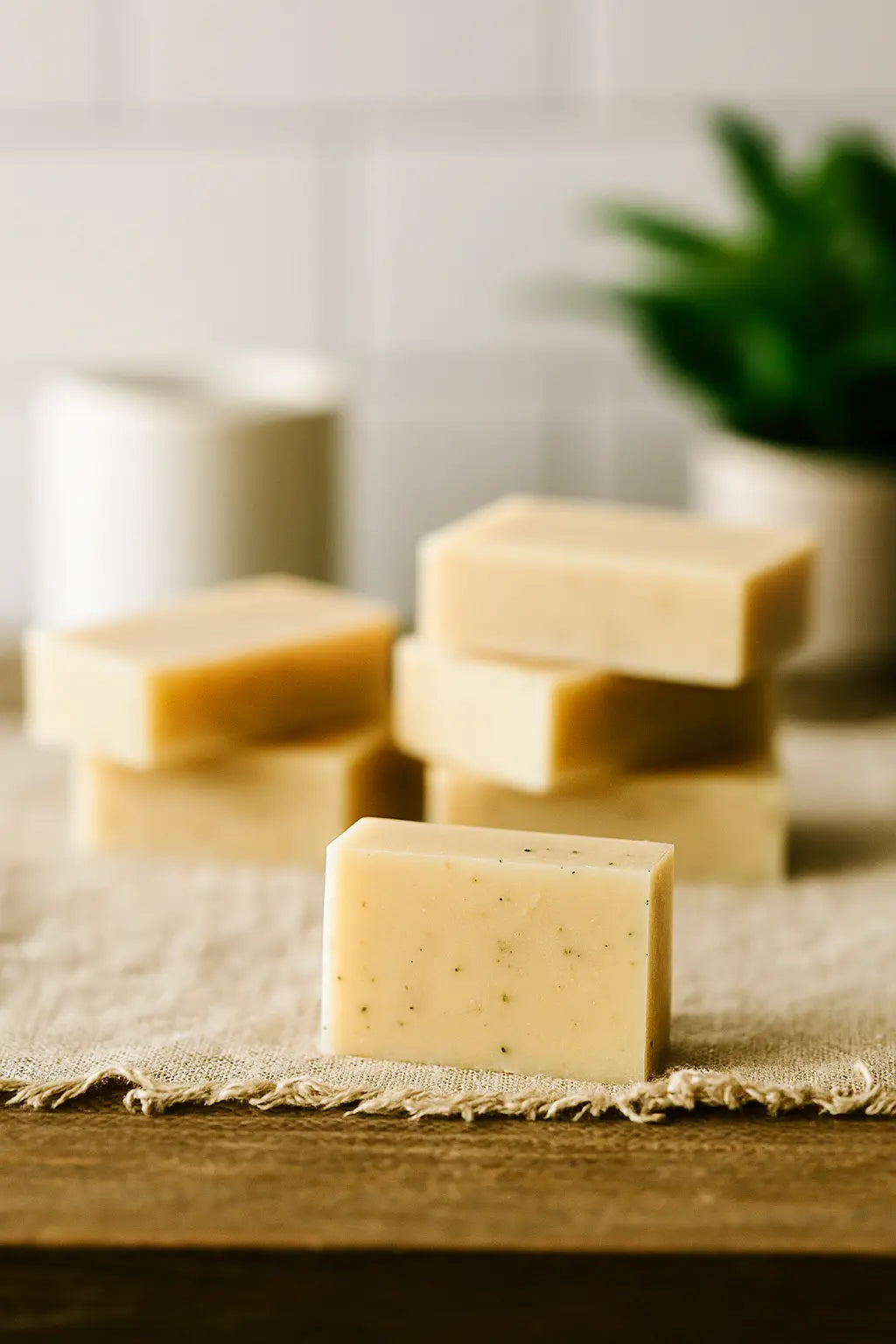 Bar of soap on a wooden surface with a blurred background