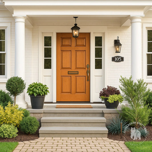 Front door of a house with steps, plants, and a address sign.