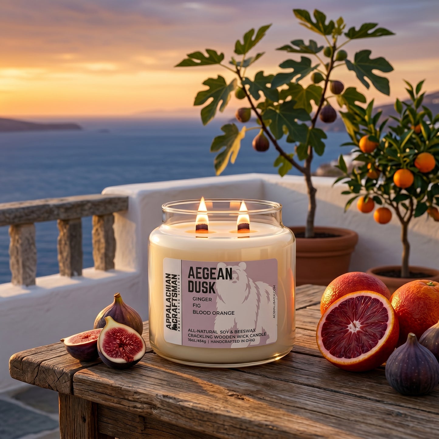 Aegean Dusk - Double Crackling Wooden Wick - Luxury Soy & Beeswax Blend Candle