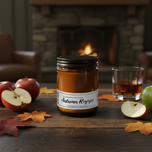 Autumn Reserve Candle with apples and bourbon in glass on a rustic table with fall leaves