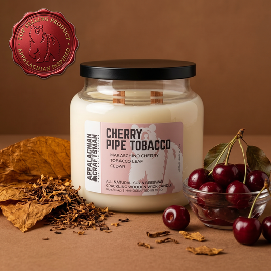 Cherry Pipe Tobacco Candle - Double Crackling Wooden Wick - Luxury Soy & Beeswax Blend