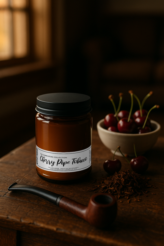 Jar of cherry pipe tobacco with a pipe and cherries on a wooden surface