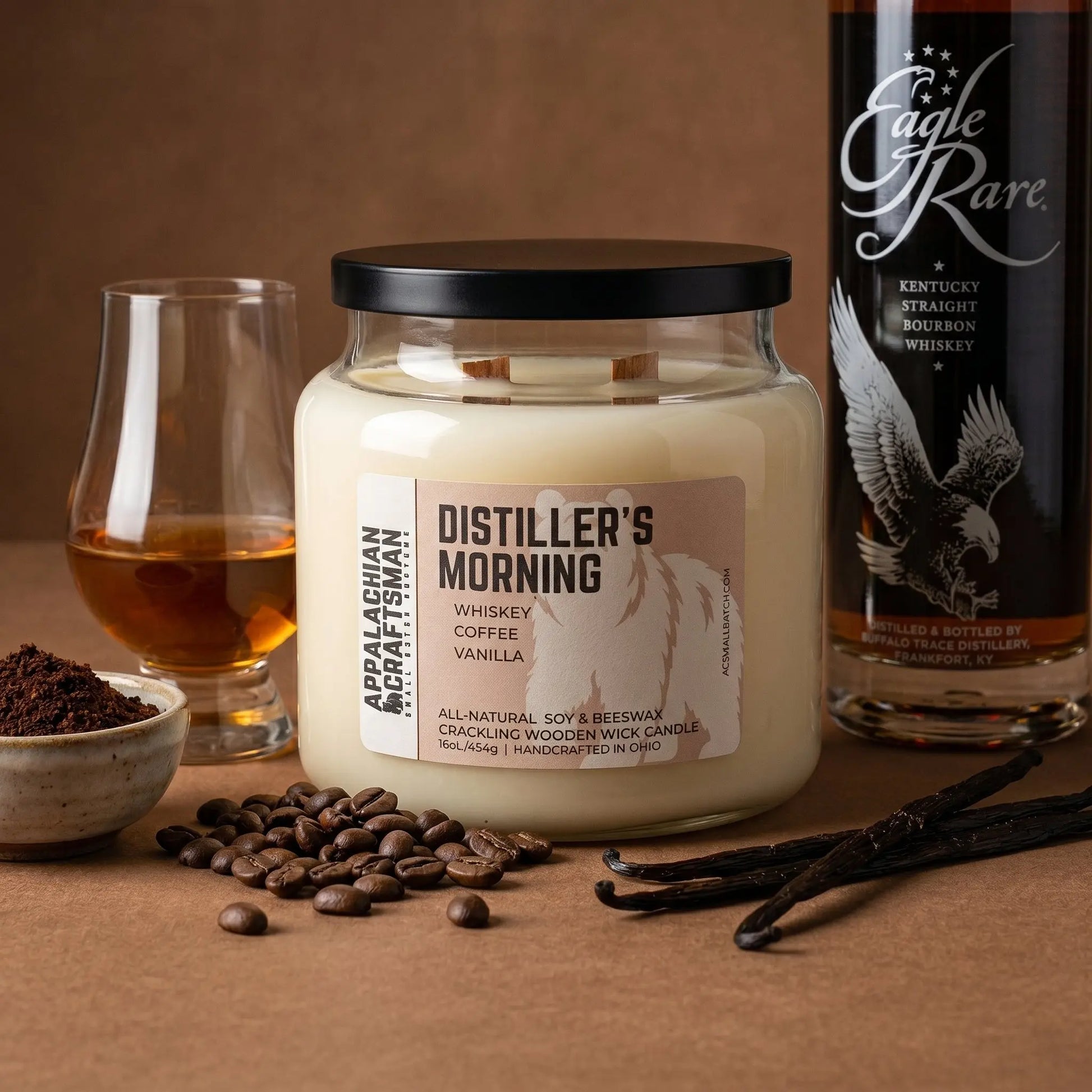 Luxury Soy & Beeswax Blend Candle - Double Crackling Wooden Wick - Distiller's Morning Appalachian Craftsman LLC