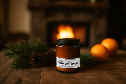 brown glass jar candle with pine sprigs and oranges along with a glowing warm fireplace in the background