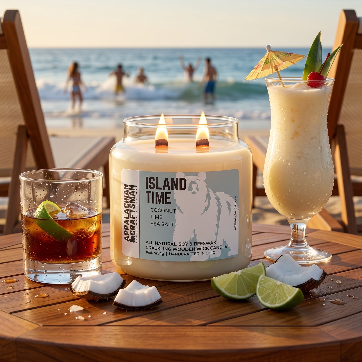 Island Time Candle - Double Crackling Wooden Wick - Luxury Soy & Beeswax Blend