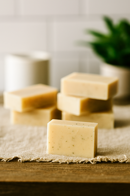 Bar of soap on a wooden surface with a blurred background